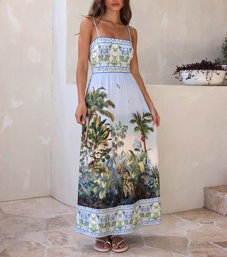Tropical Jungle Print Square Neck Slip Maxi Dress
