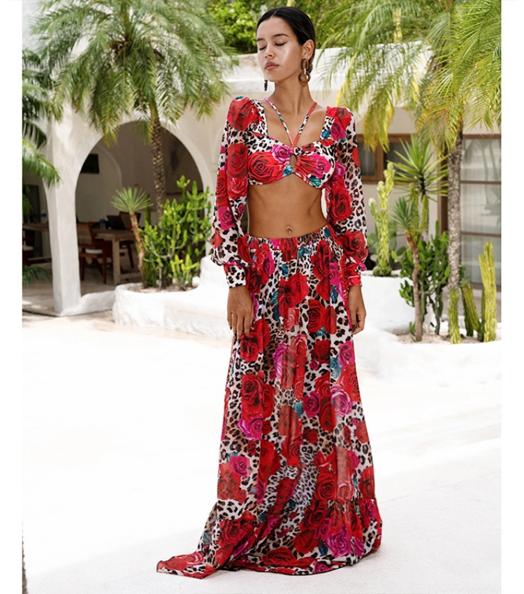 Lace Up Chiffon Long Sleeves Leopard Print High Waist Bikini Swimsuit and Skirt