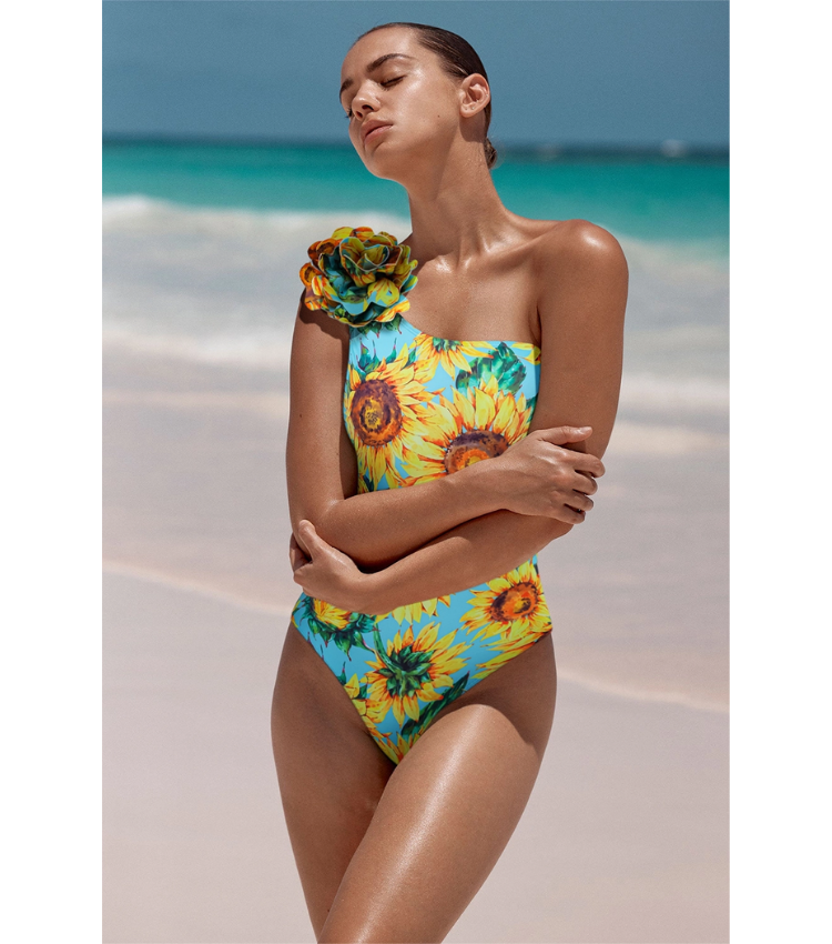 3D Sunflower Print One Shoulder One Piece Swimsuit and Skirt