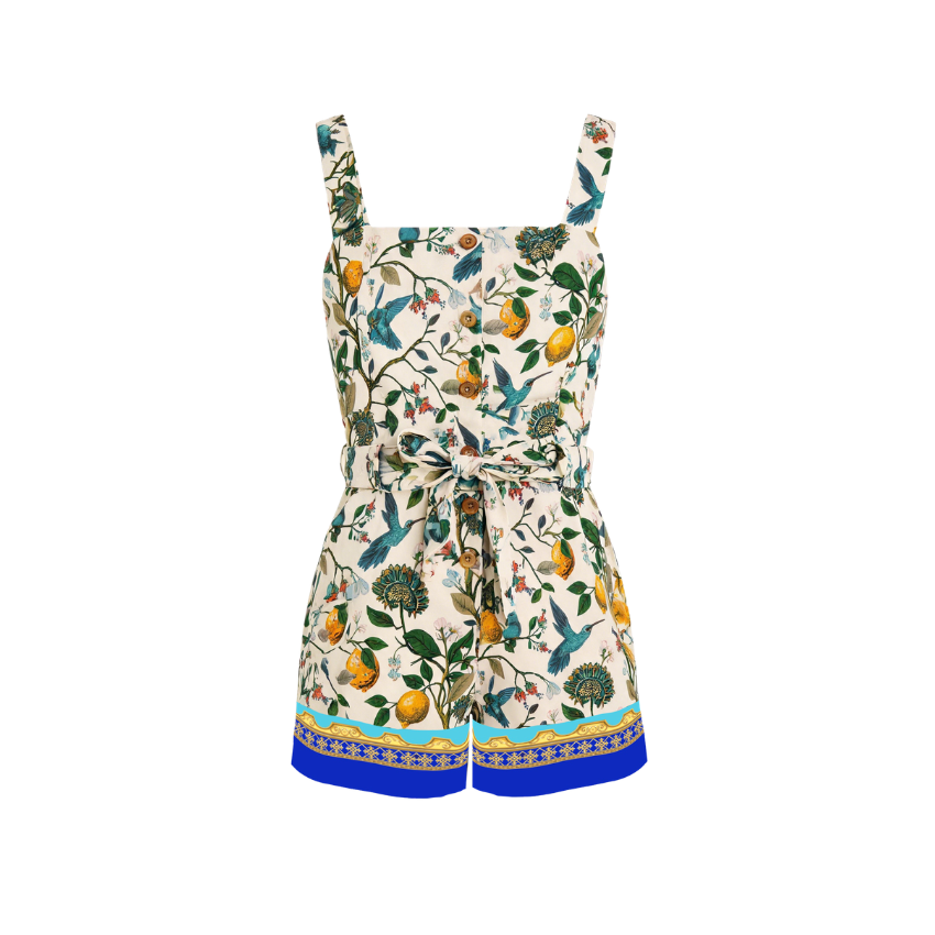 Citrus Bird Print Square Strap Tie Waist Romper