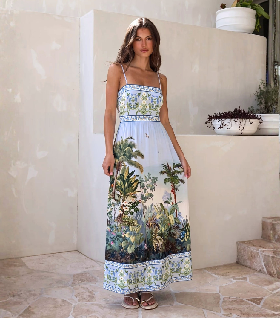 Tropical Jungle Print Square Neck Slip Maxi Dress