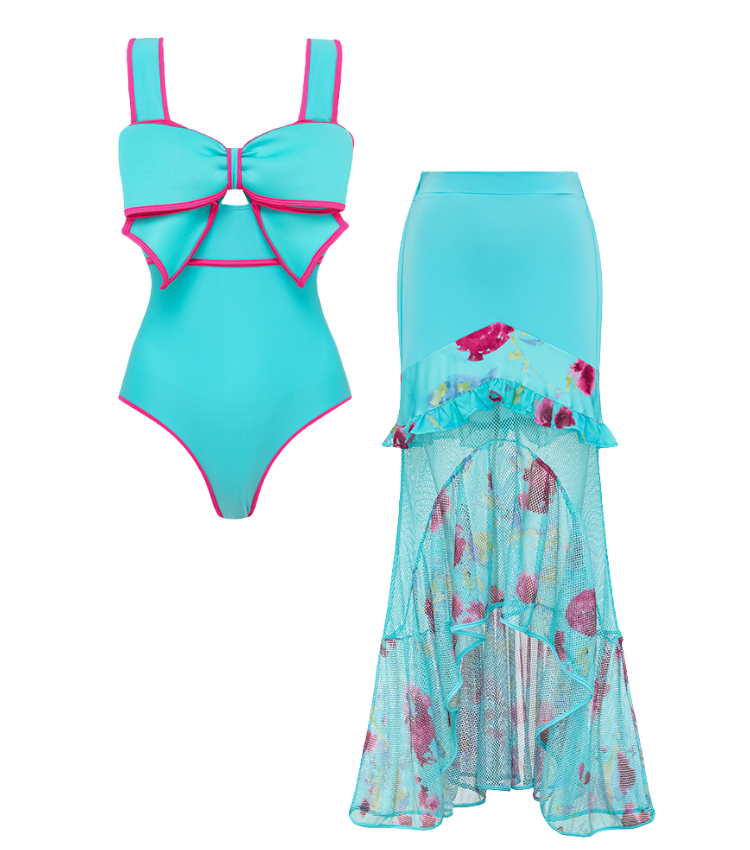 Bow Decor Blue and Pink One Piece Swimsuit and Skirt