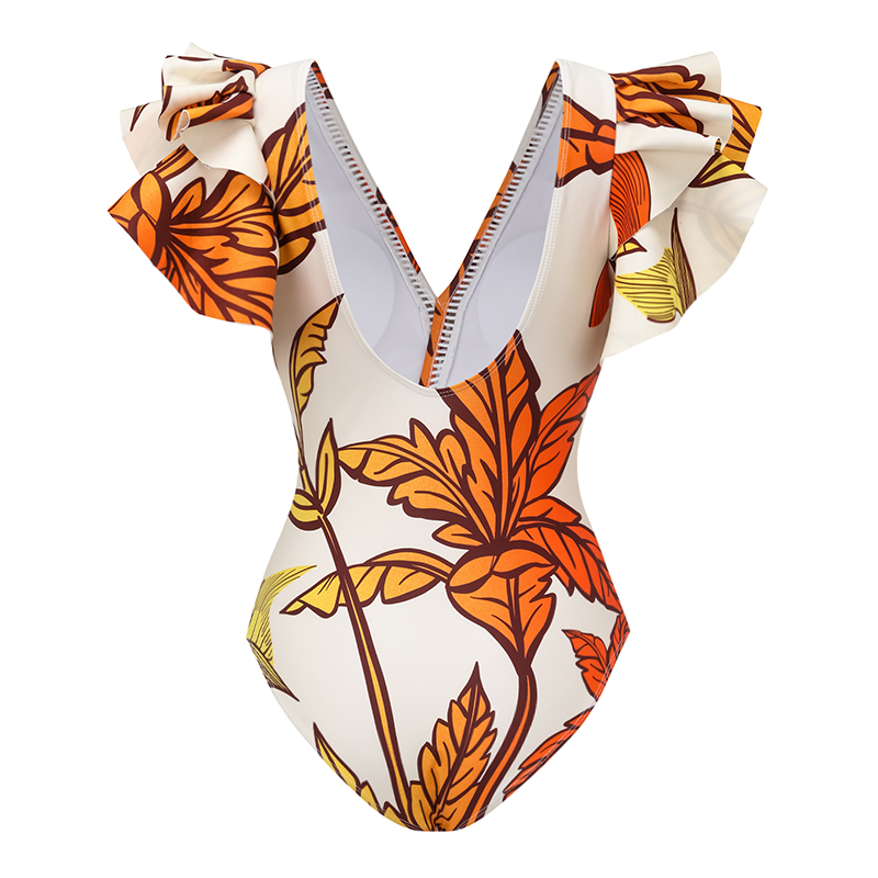 V Neck Ruffle Shoulder Tropical Plant Pattern Printed  One Piece Swimsuit and Sarong Flaxmaker