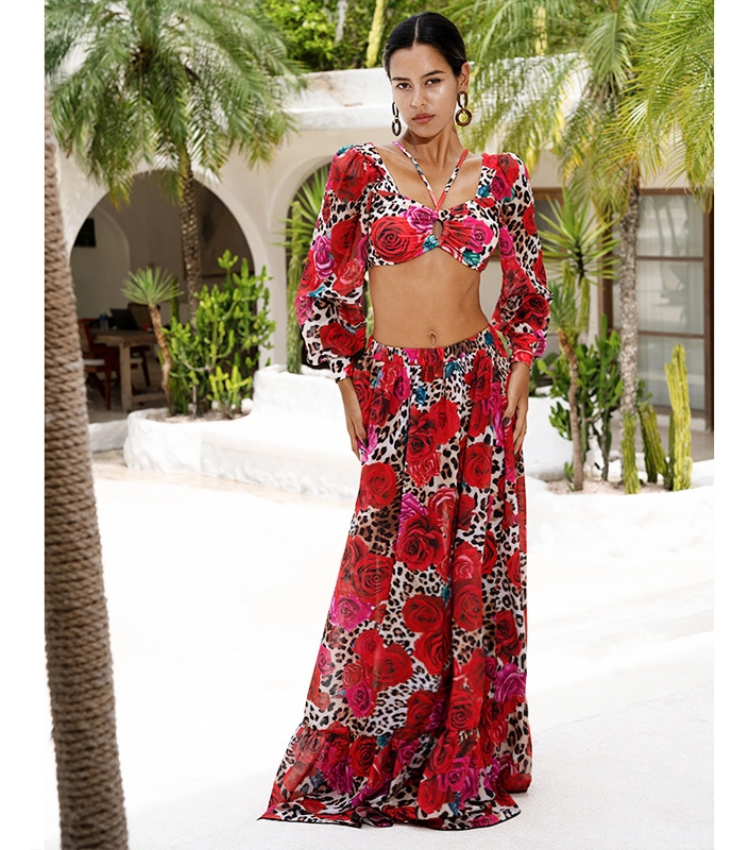 Lace Up Chiffon Long Sleeves Leopard Print High Waist Bikini Swimsuit and Skirt