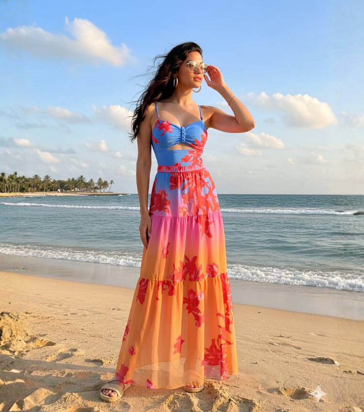 Blue-Pink-Orange Gradient Beaded Braided Floral Swimsuit Set(s)