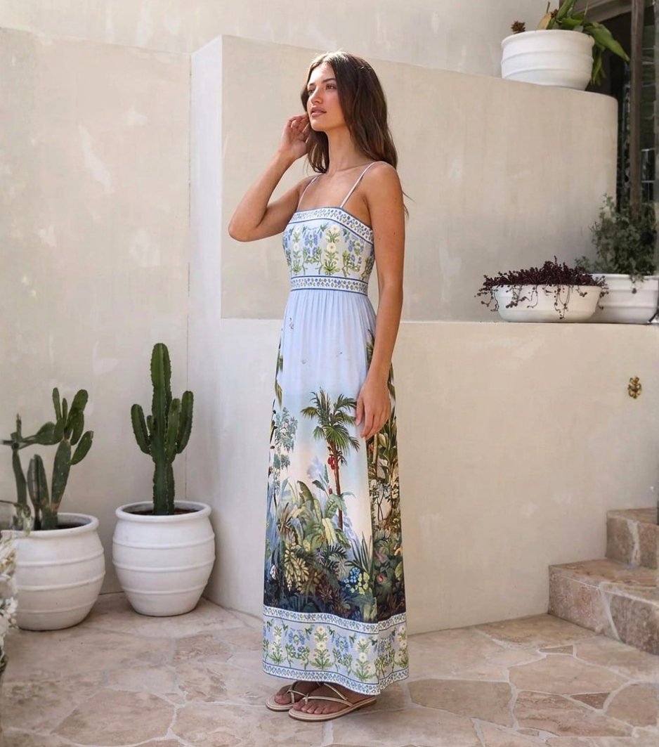 Tropical Jungle Print Square Neck Slip Maxi Dress