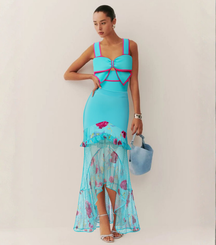 Bow Decor Blue and Pink One Piece Swimsuit and Skirt