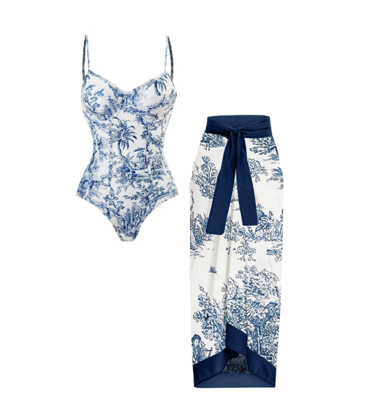 Underwired Vintage Printed One Piece Swimsuit and Sarong Flaxmaker