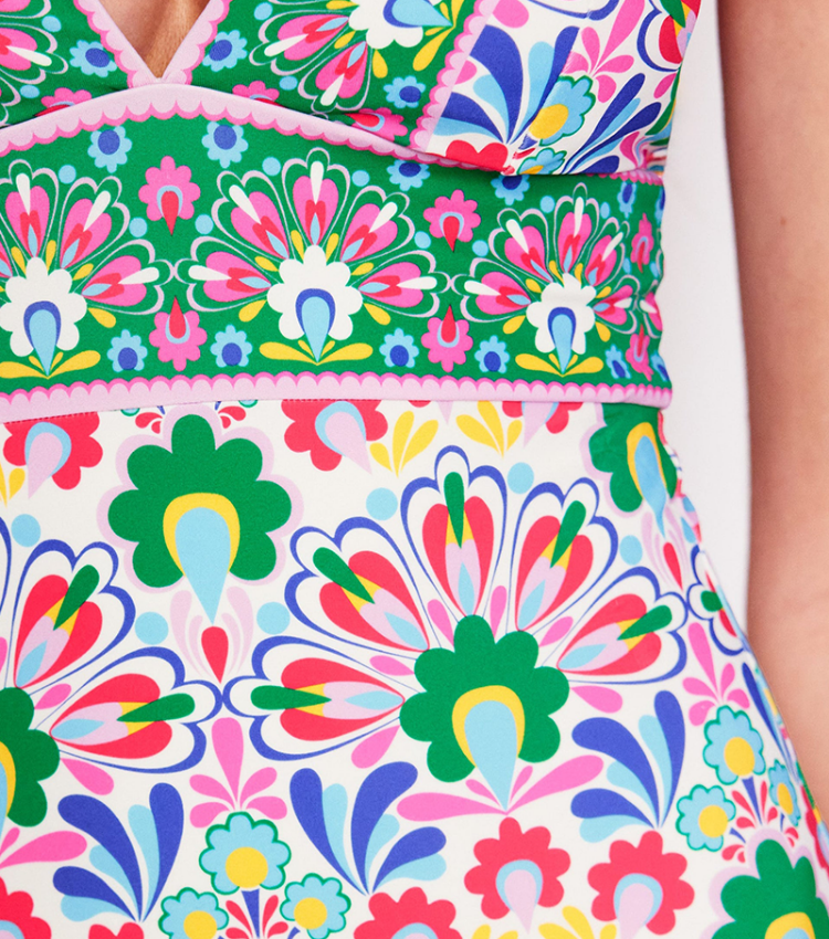 V Neck Printed One Piece Swimsuit and Skirt