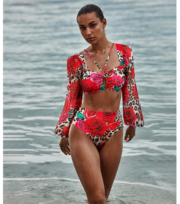 Lace Up Chiffon Long Sleeves Leopard Print High Waist Bikini Swimsuit and Skirt
