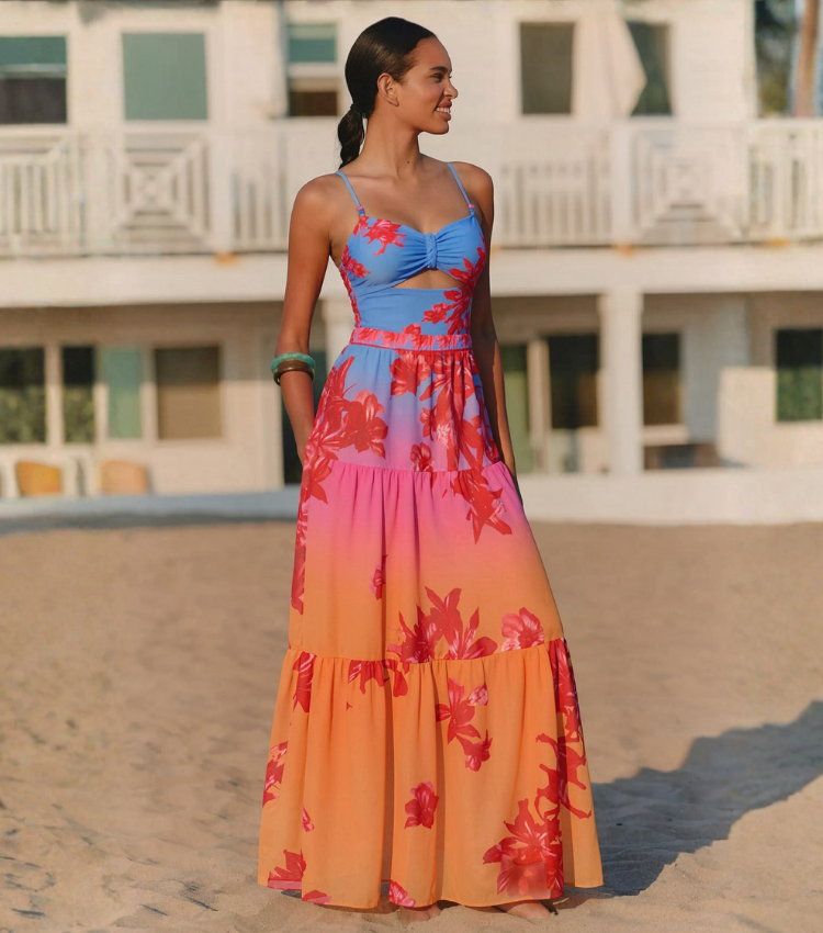 Blue-Pink-Orange Gradient Beaded Braided Floral Swimsuit Set(s)