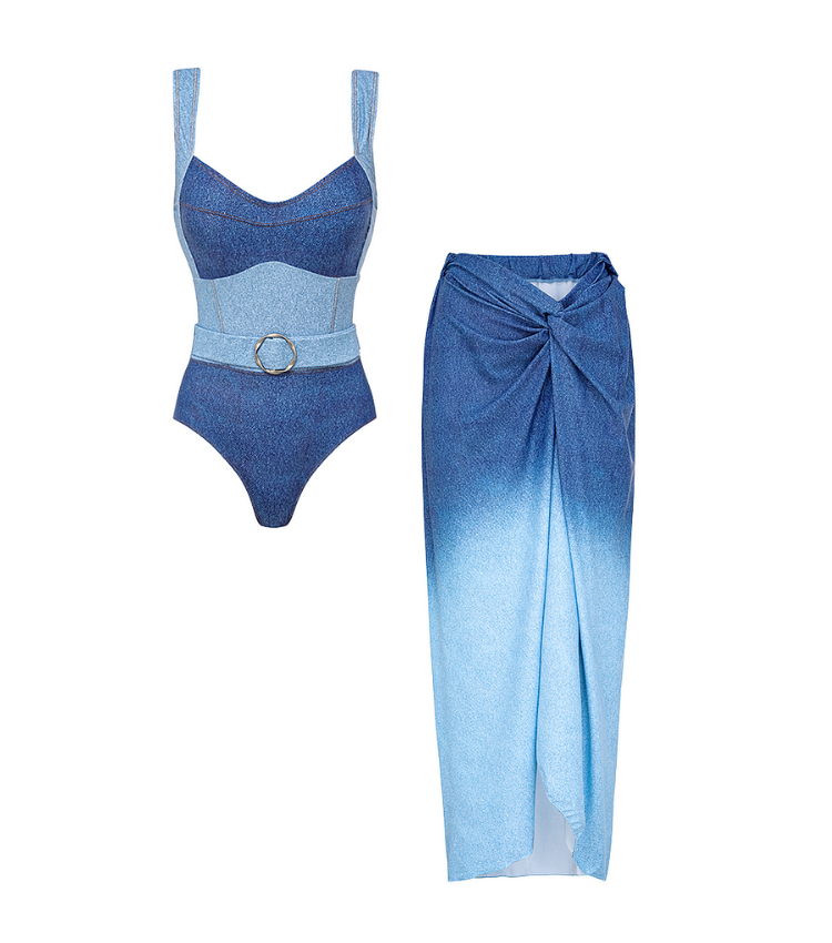 Sling Denim Pattern Print One Piece Swimsuit and Skirt