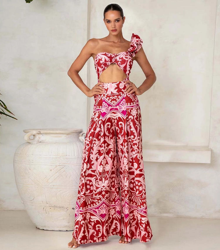 One Shoulder Ruffled Cutout One Piece Swimsuit and Pant Flaxmaker