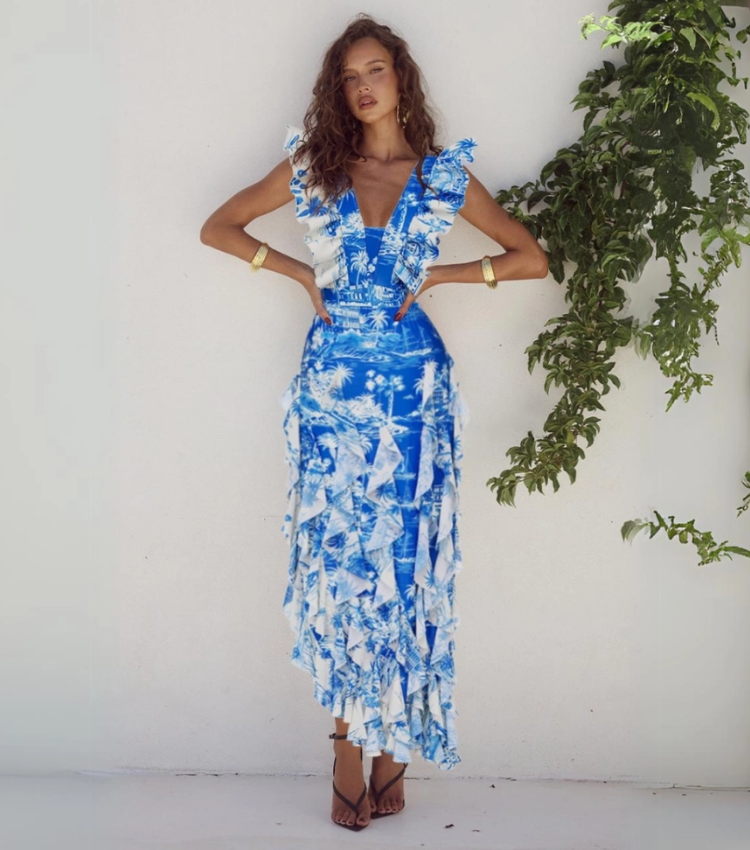 Ruffled Blue and White Bay Print One Piece Swimsuit and Skirt