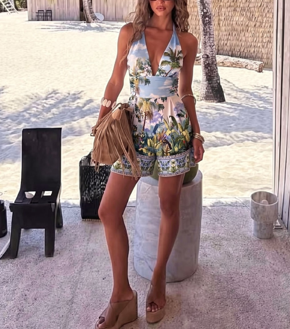 Tropical Jungle Print Halter V-Neck Romper