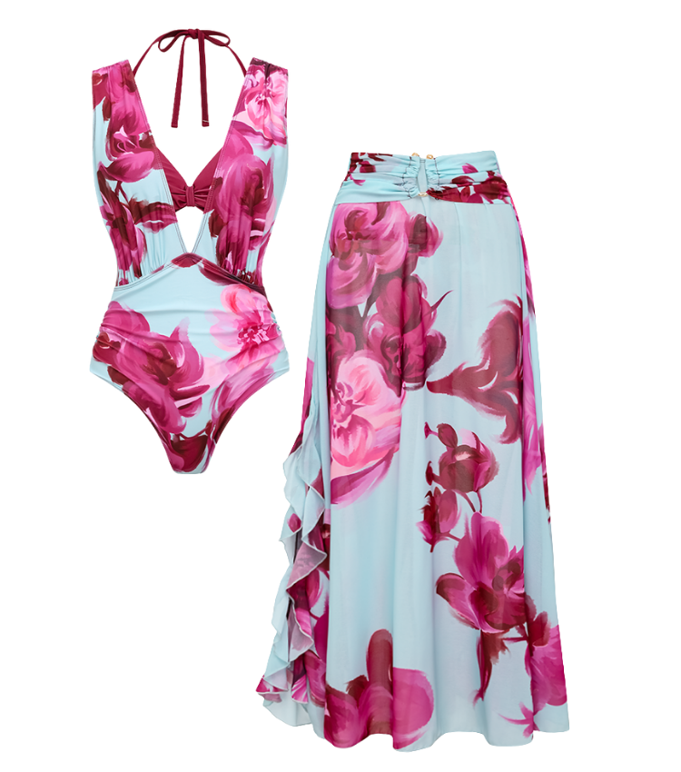Abstract Floral Printed Two-piece Swimsuit and Skirt