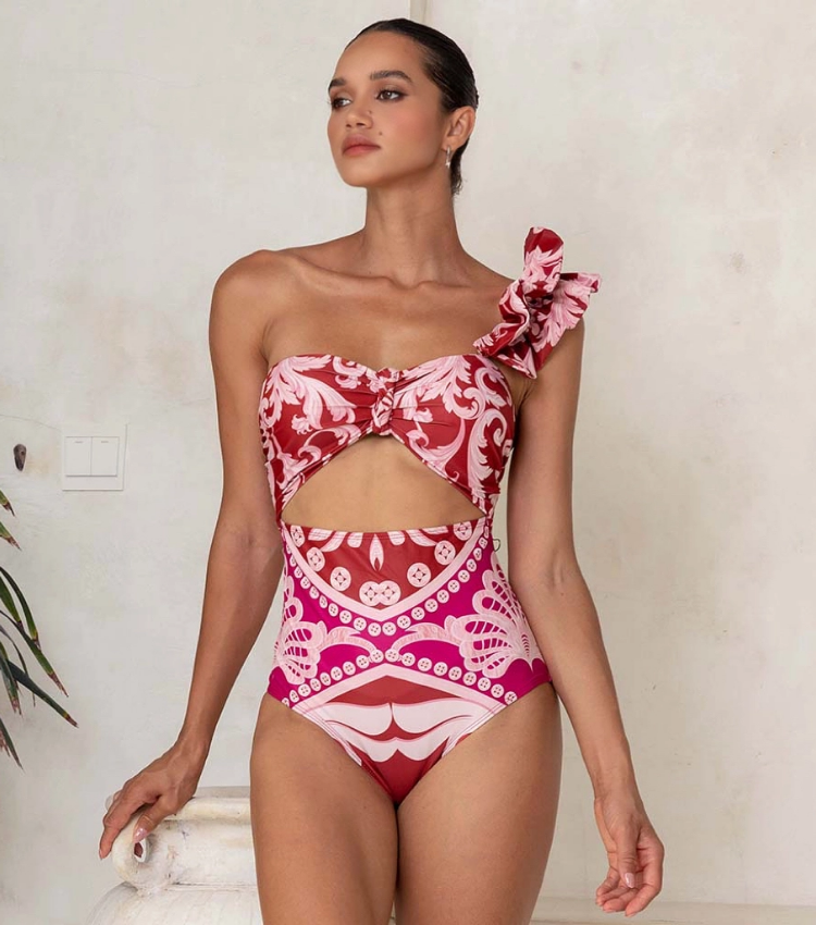 One Shoulder Ruffled Cutout One Piece Swimsuit and Pant Flaxmaker