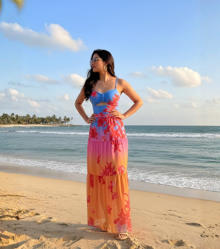 Blue-Pink-Orange Gradient Beaded Braided Floral Swimsuit Set(s)