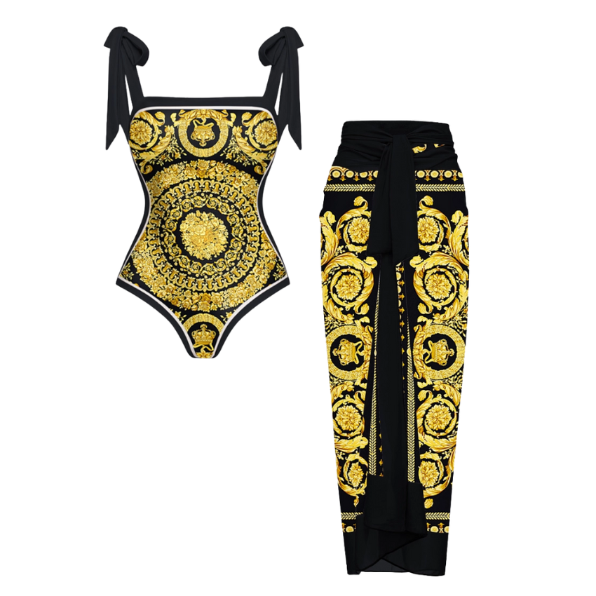 Reversible Tie-shoulder One Piece Swimsuit and Sarong Flaxmaker