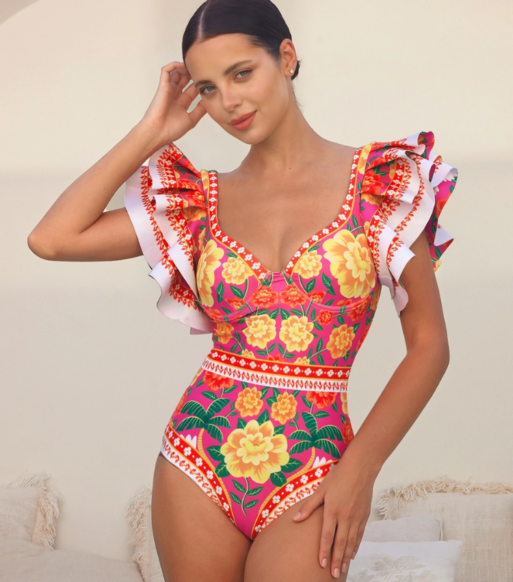 Ruffled Contrast Print One Piece Swimsuit and Sarong Flaxmaker