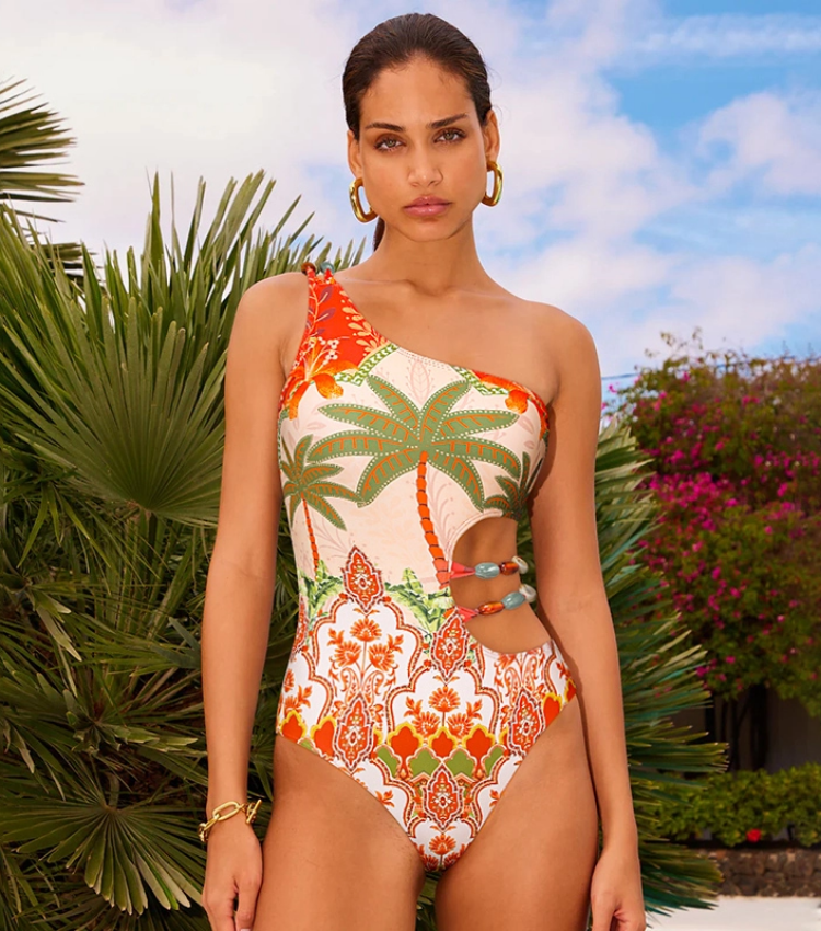 Beaded Cutout One Shoulder Coconut Palm Print One Piece Swimsuit and Skirt