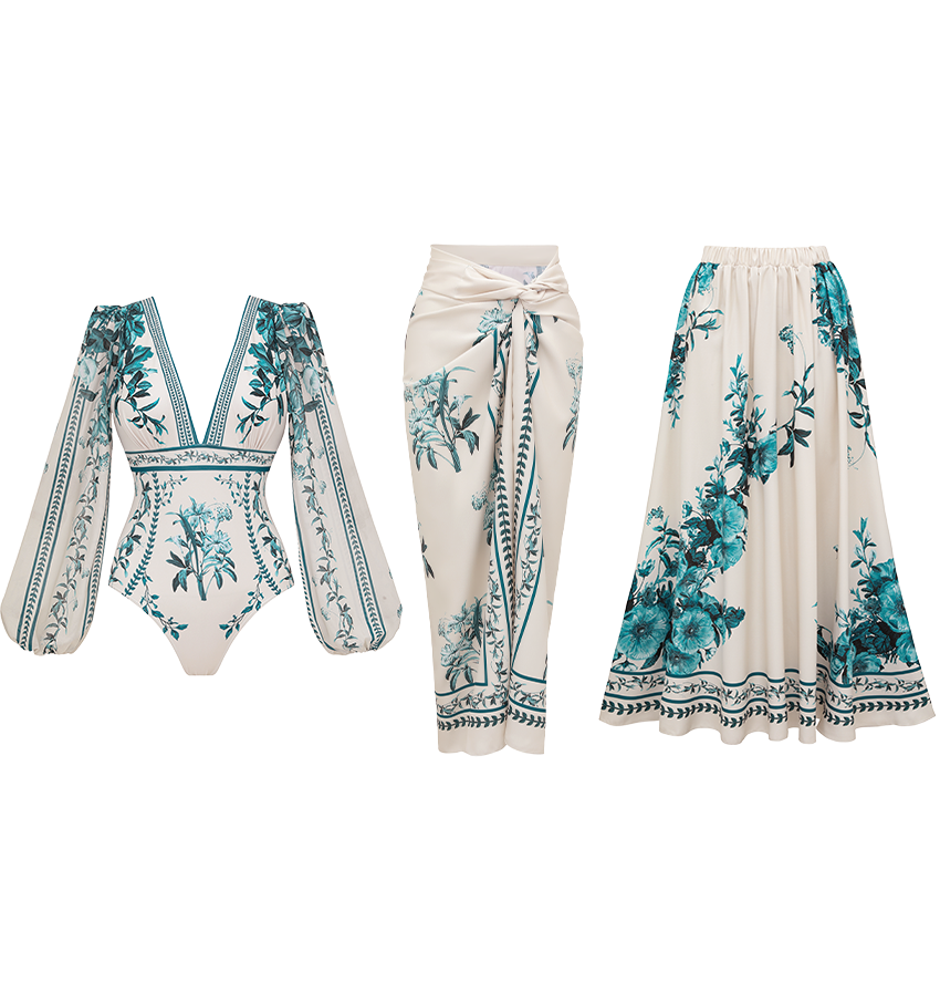 Dark Cyan Long Sleeved Floral SwimsuitL Set(s)