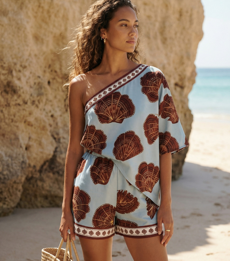 Shell Print Asymmetric Shoulder Two-Piece