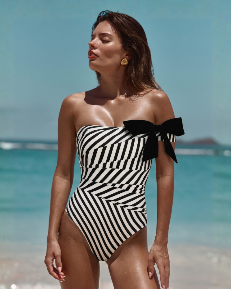 Bowknot Striped One Piece Swimsuit and Skirt
