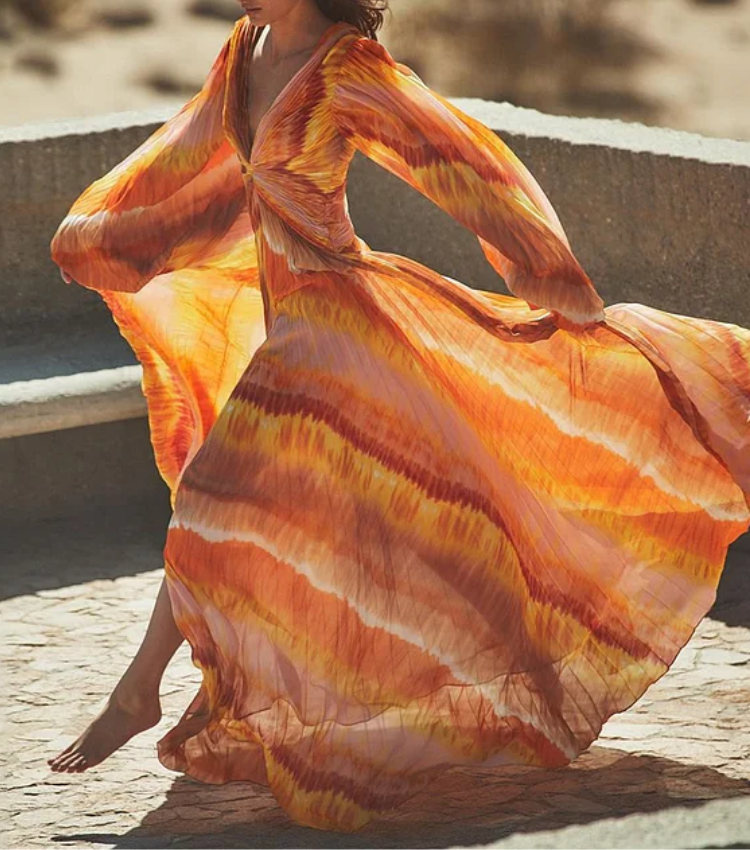 Long Sleeve V Neck Orange Gradient Print One Piece Swimsuit and Skirt