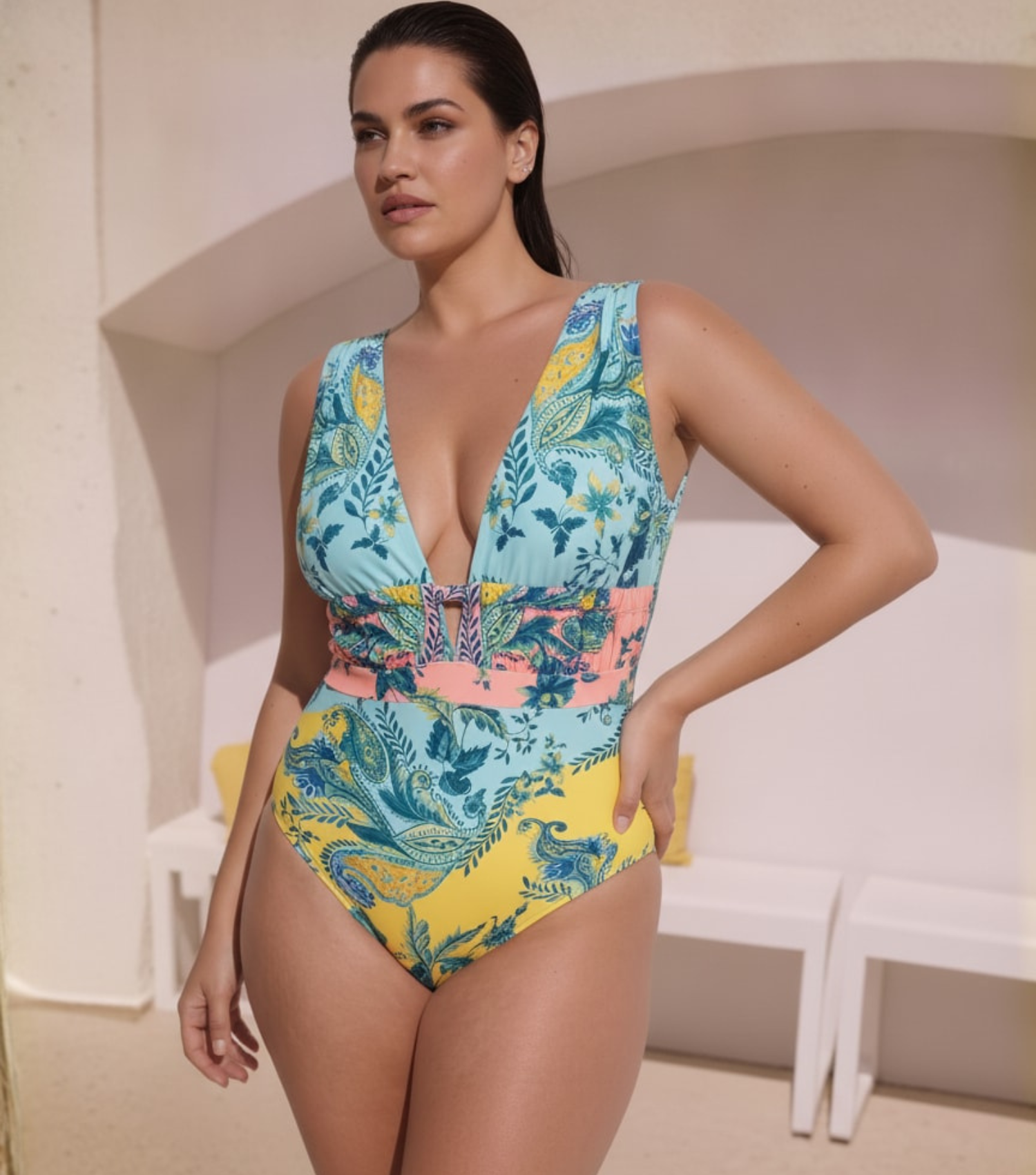 Plus Size Color Block Printed One Piece Swimsuit and Skirt