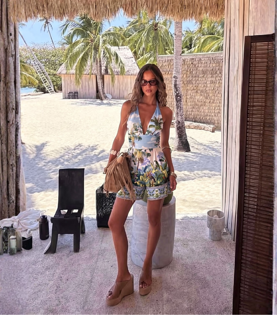 Tropical Jungle Print Halter V-Neck Romper