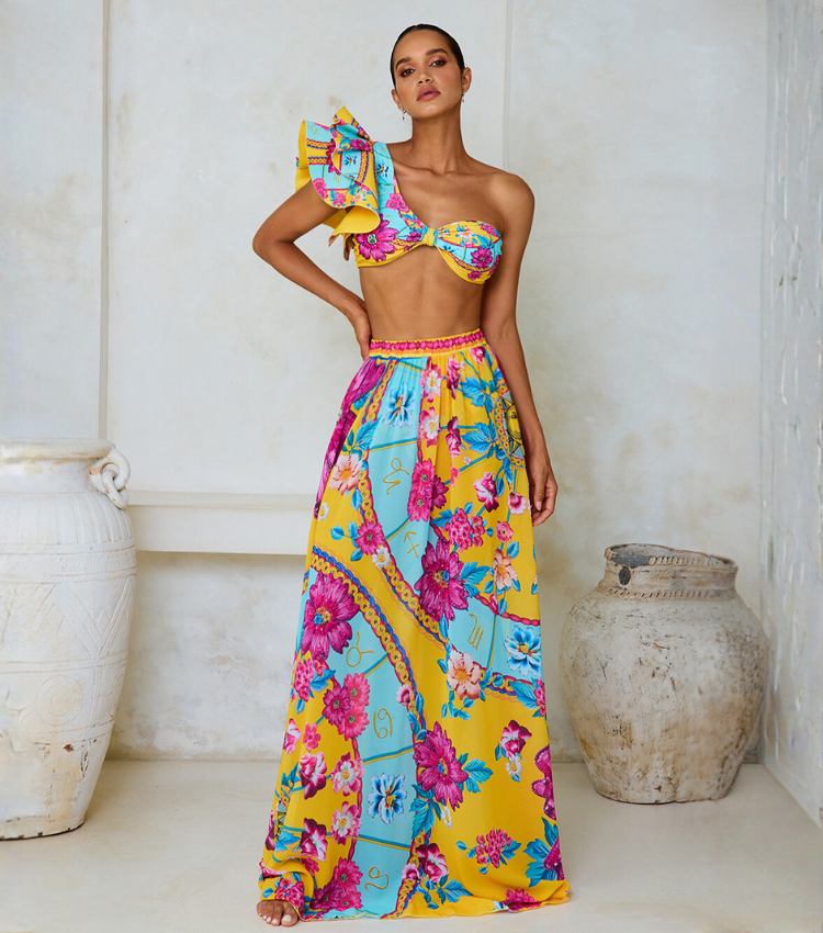 Constellation Flower Print Ruffled Bikini Swimsuit and Sarong