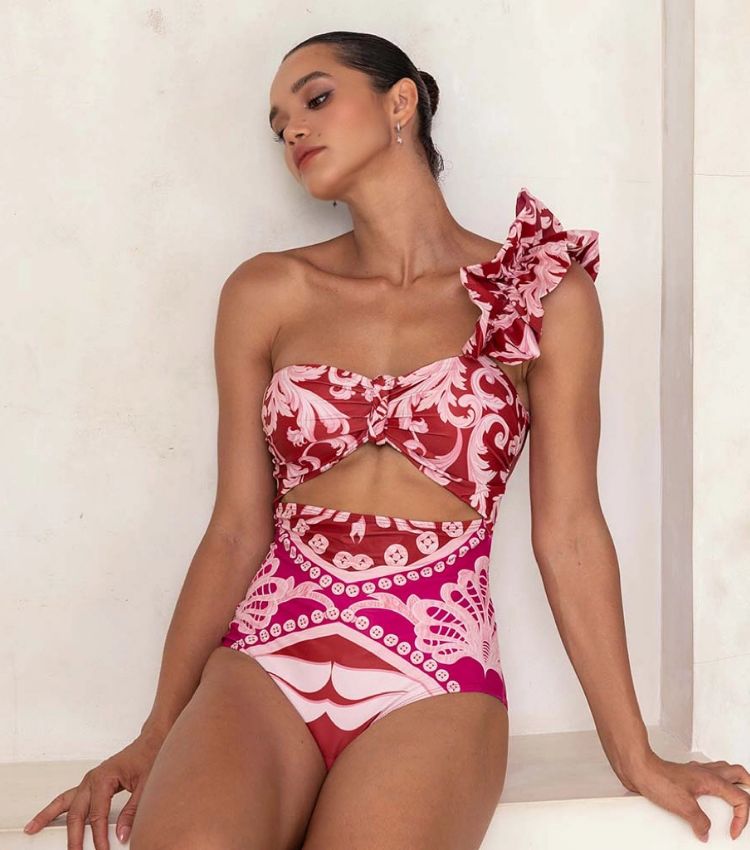 One Shoulder Ruffled Cutout One Piece Swimsuit and Pant Flaxmaker