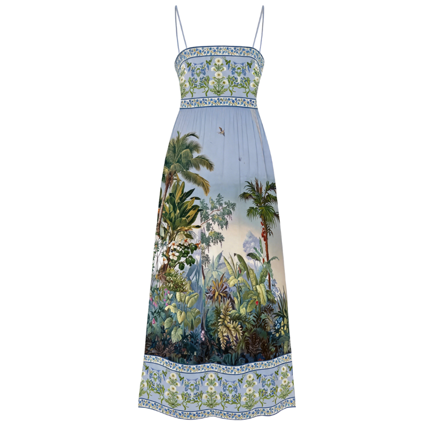 Tropical Jungle Print Square Neck Slip Maxi Dress