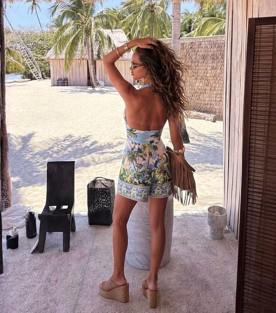 Tropical Jungle Print Halter V-Neck Romper