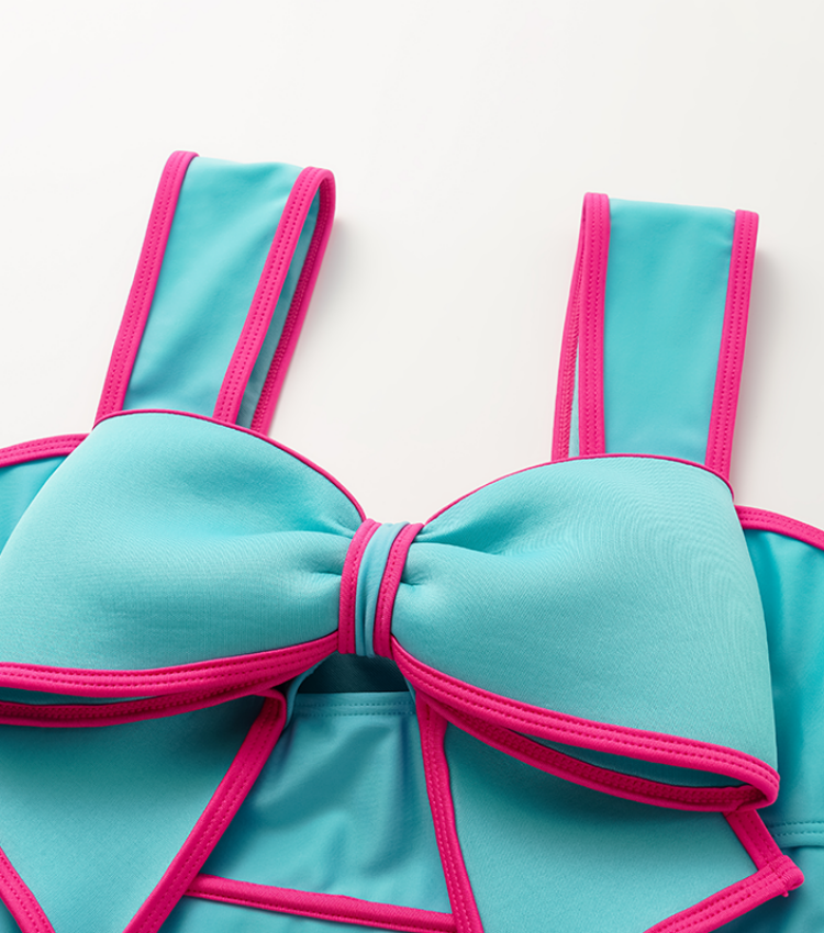 Bow Decor Blue and Pink One Piece Swimsuit and Skirt