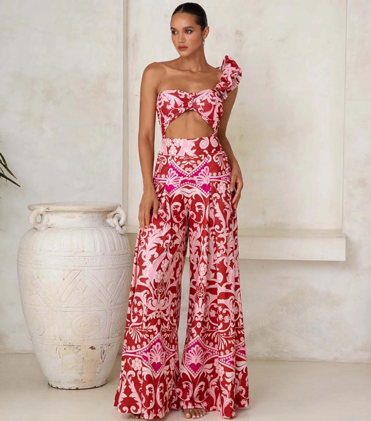 One Shoulder Ruffled Cutout One Piece Swimsuit and Pant Flaxmaker