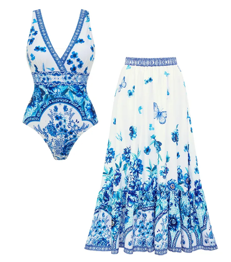 V-neck Peony Print Swimsuit Set(s)