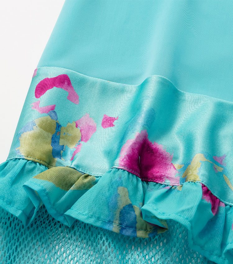 Bow Decor Blue and Pink One Piece Swimsuit and Skirt