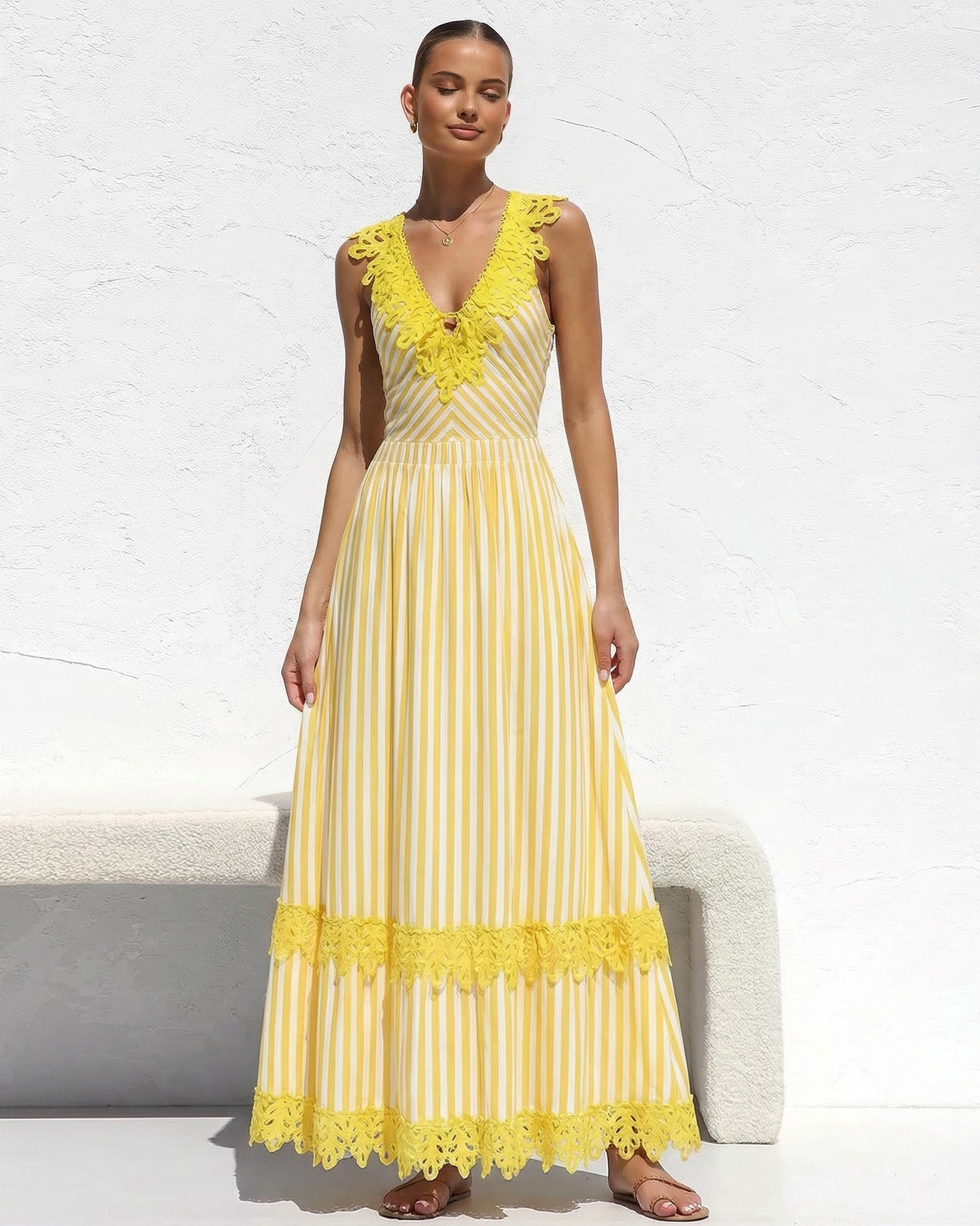 Openwork Lace Yellow Stripes Swimsuit Set(s)