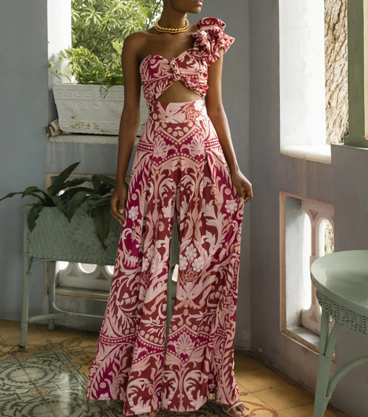 One Shoulder Ruffled Cutout One Piece Swimsuit and Pant Flaxmaker