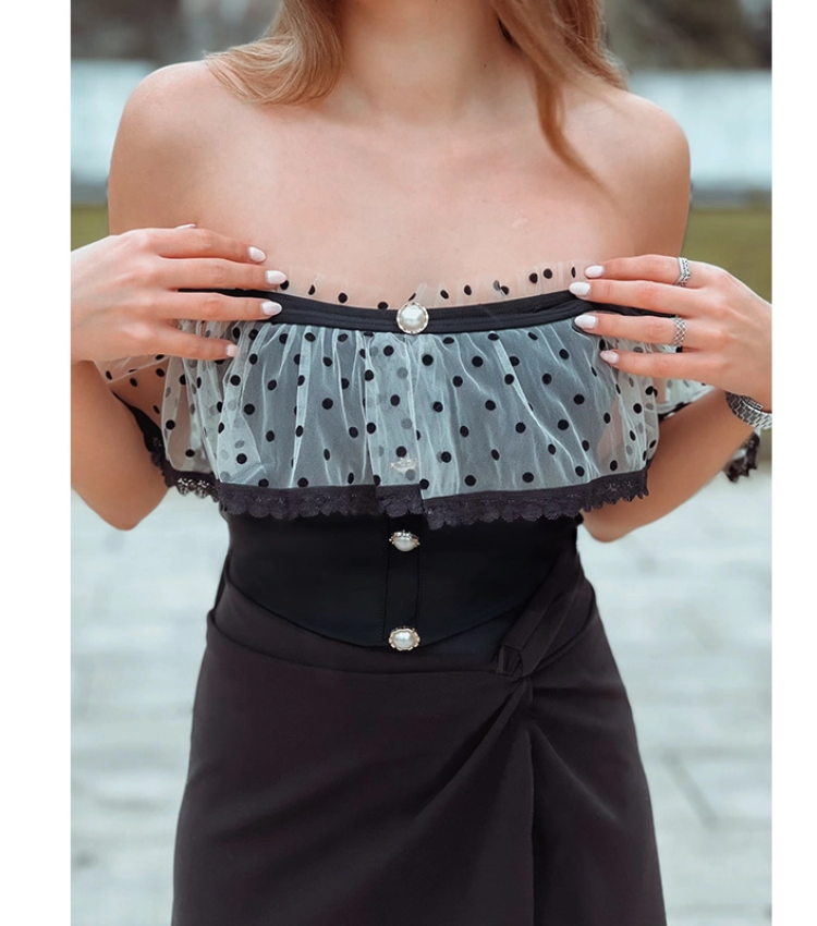 Off Shoulder Ruffle Dot Printed One Piece Swimsuit and Skirt Flaxmaker