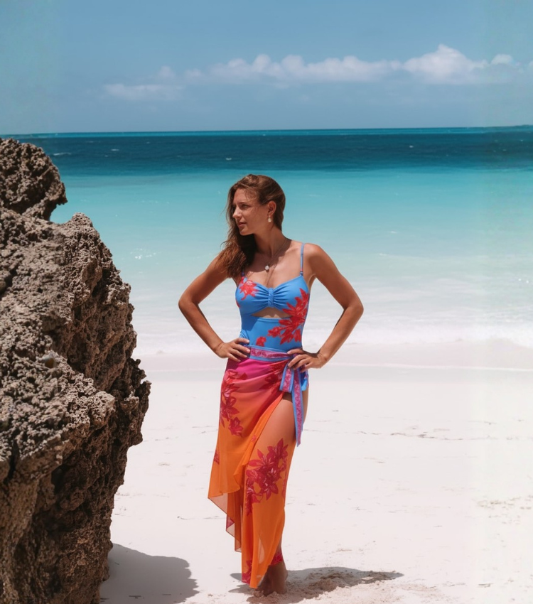 Blue-Pink-Orange Gradient Beaded Braided Floral Swimsuit Set(s)