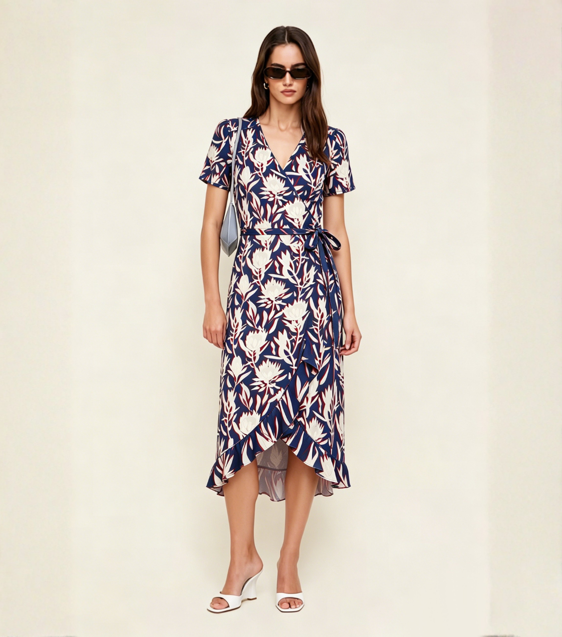 Blue Block Print Wrap Ruffle Midi Dres