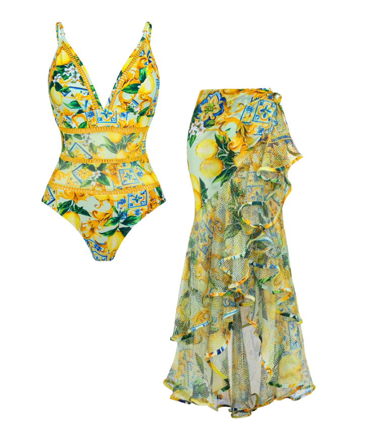 V Neck Blue Mediterranean Print One Piece Swimsuit and Mesh Splicing Skirt Flaxmaker