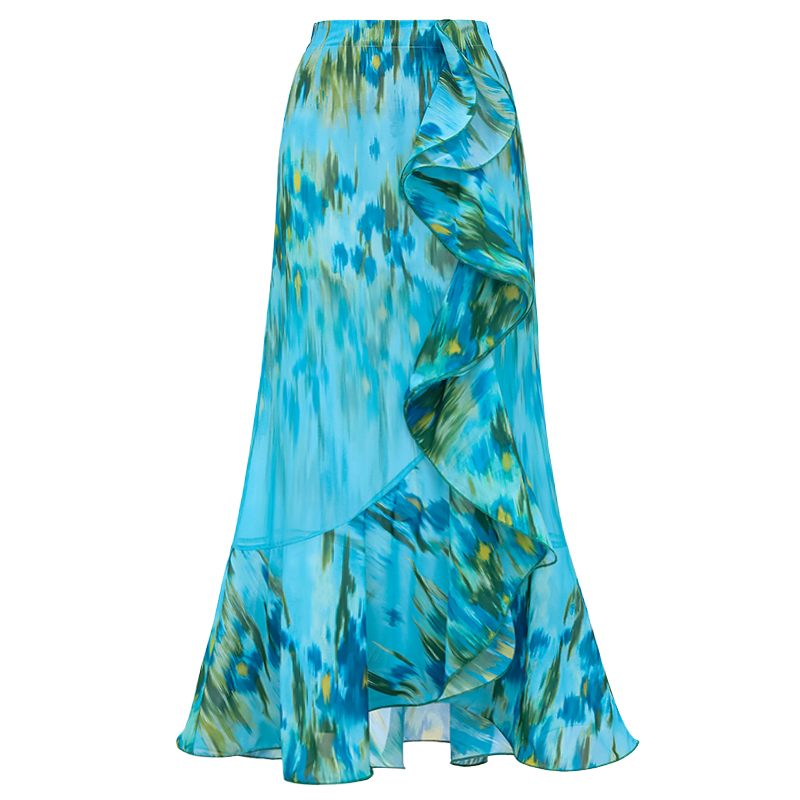 Removable Shoulder Strap Off Shoulder Ruffle Abstract Pattern Print One piece Swimsuit and Skirt