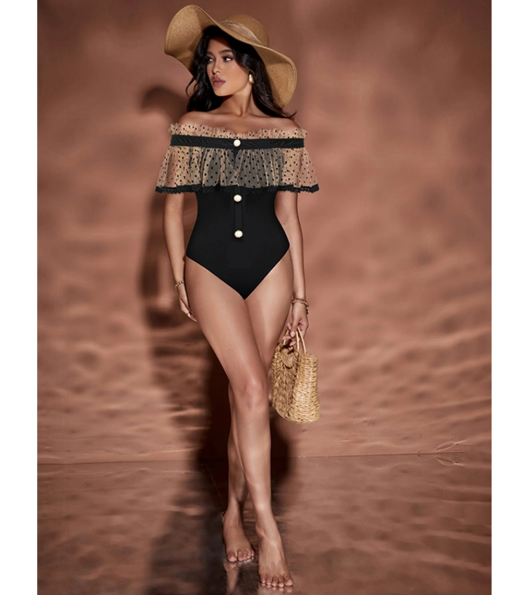 Off Shoulder Ruffle Dot Printed One Piece Swimsuit and Skirt Flaxmaker