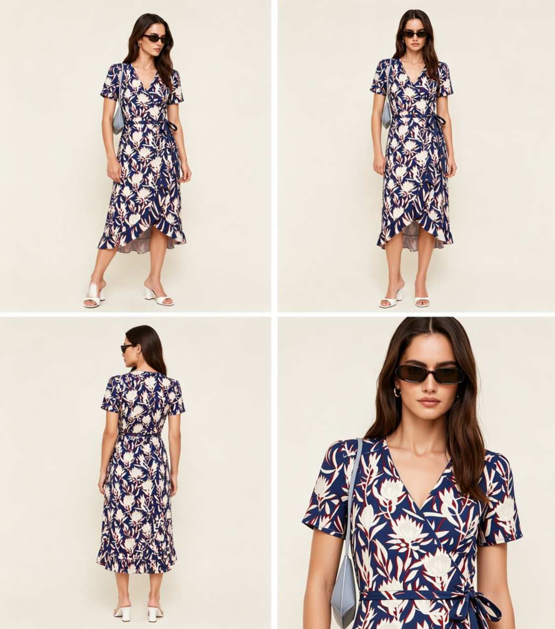 Blue Block Print Wrap Ruffle Midi Dres