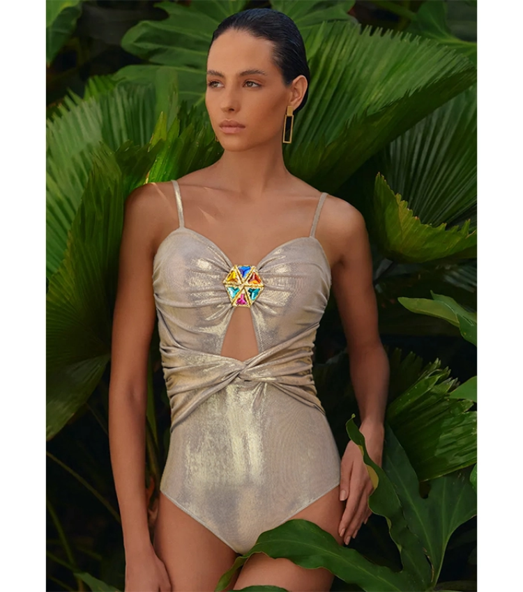 Stone Decoration Shiny One Piece Swimsuit and Skirt