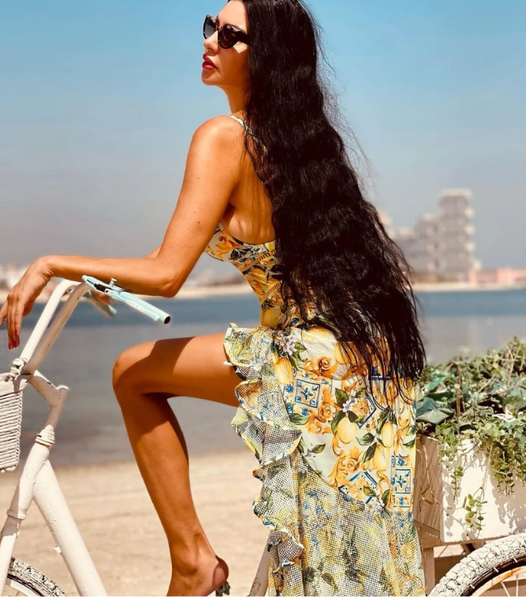 V Neck Blue Mediterranean Print One Piece Swimsuit and Mesh Splicing Skirt Flaxmaker